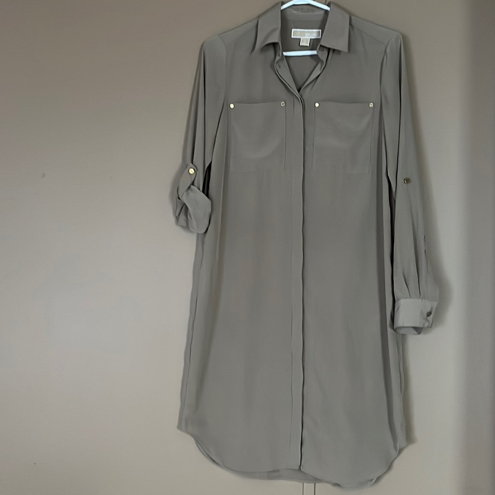 Michael Kors Taupe Button-Front Midi Shirt Dress - Picture 1 of 6